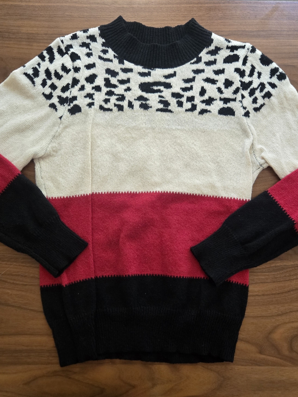 Leopard Colorblock Sweater Red Black Cream Animal Print Knit L